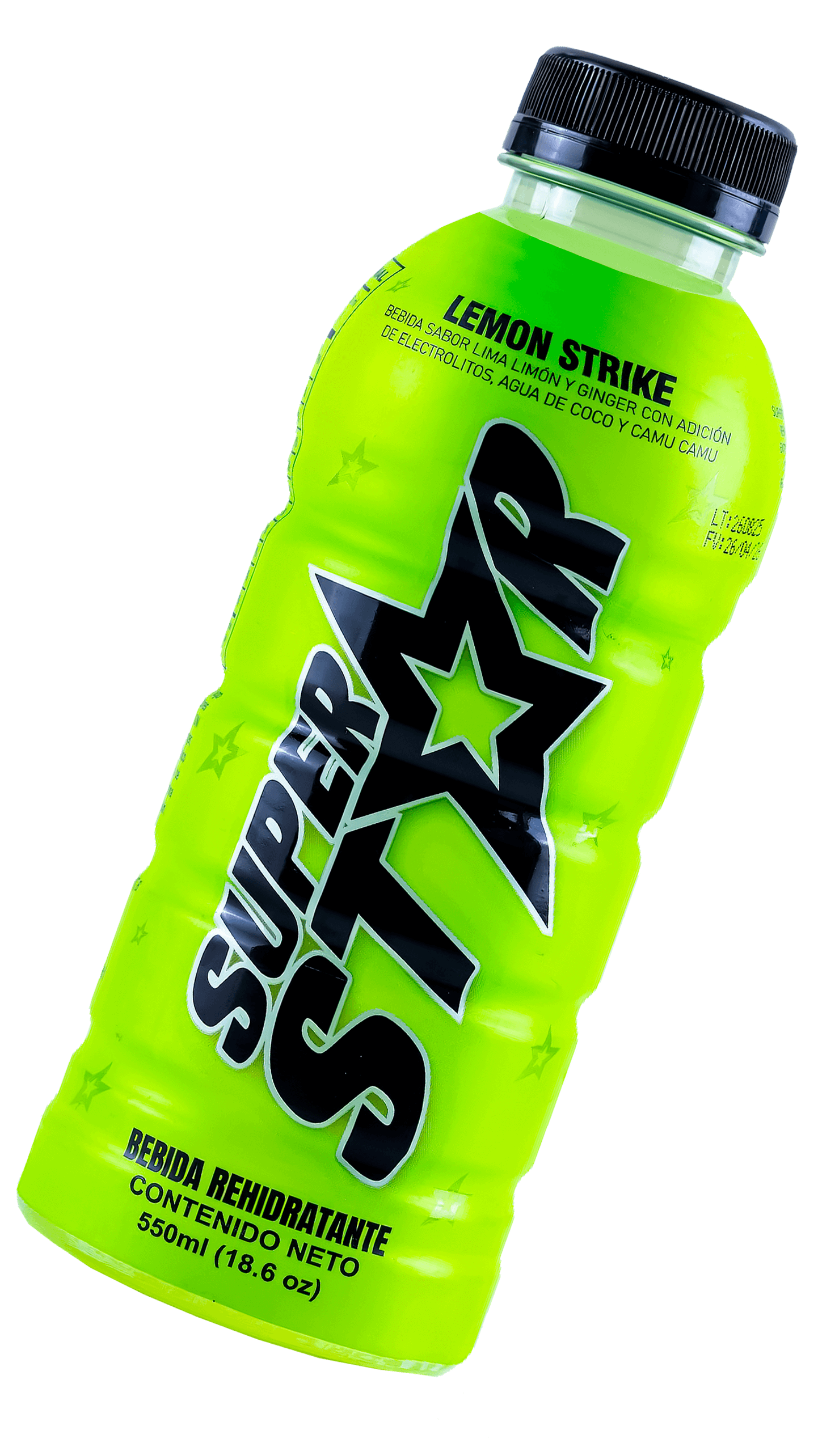 Botella de bebida energética natural Superstar con agua de coco y camu camu sabor LEMON STRIKE