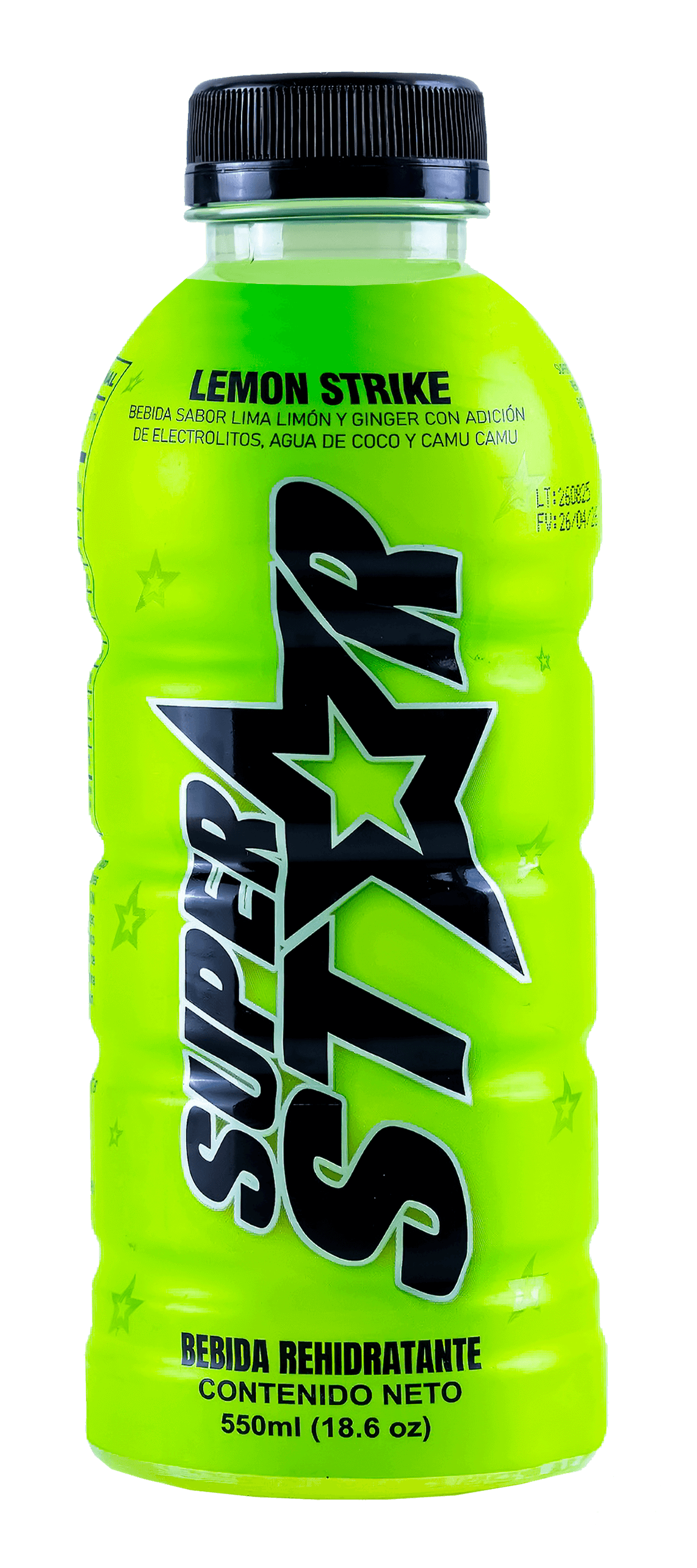 Botella de bebida energética natural Superstar con agua de coco y camu camu sabor LEMON STRIKE