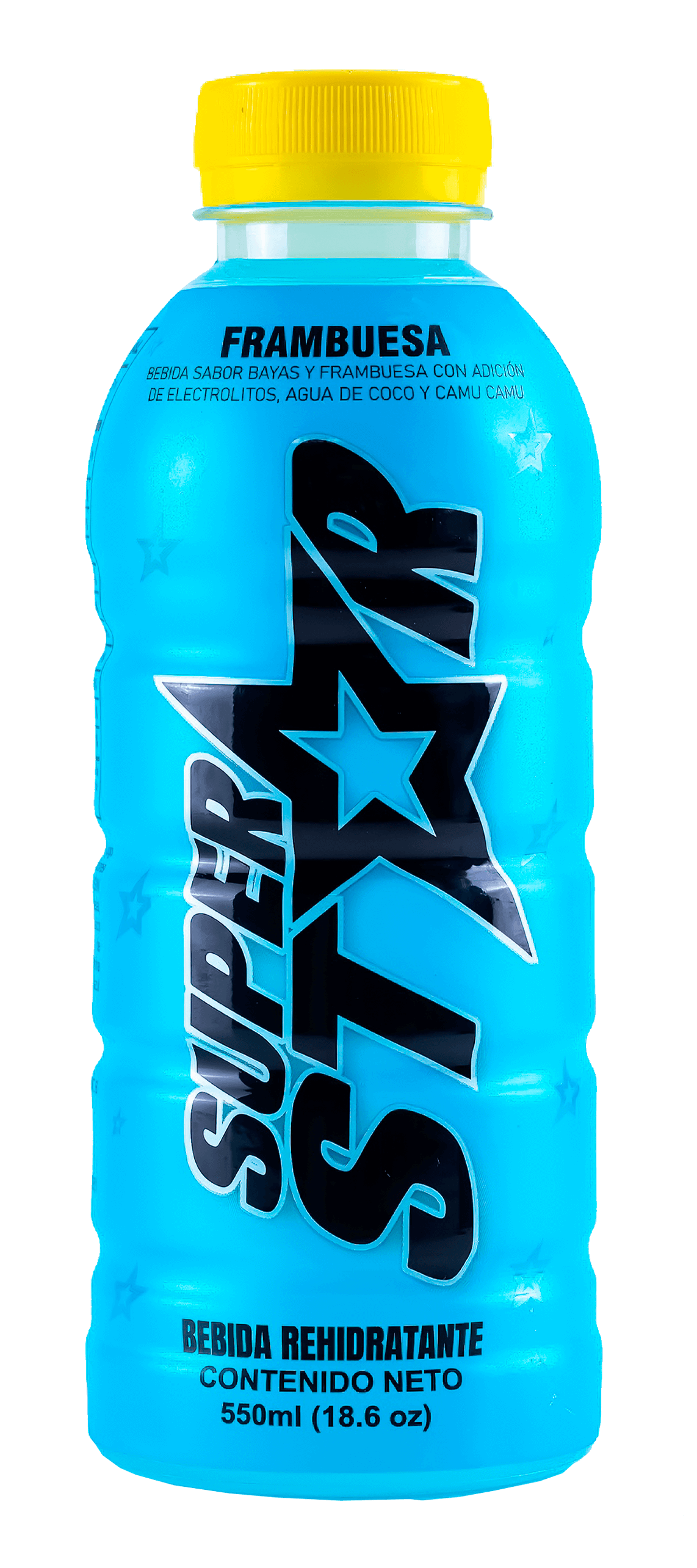 Botella de bebida energética natural Superstar con agua de coco y camu camu sabor FRAMBUESA