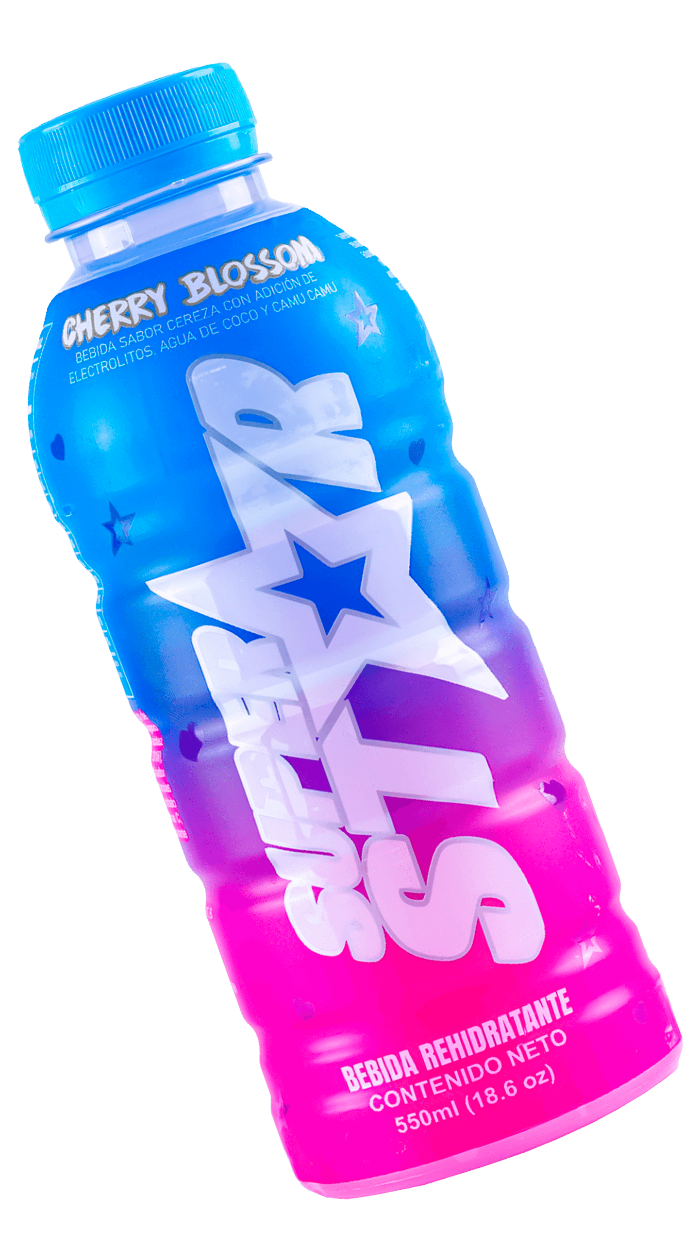 Botella de bebida energética natural Superstar con agua de coco y camu camu sabor CHERRY BLOSSOM