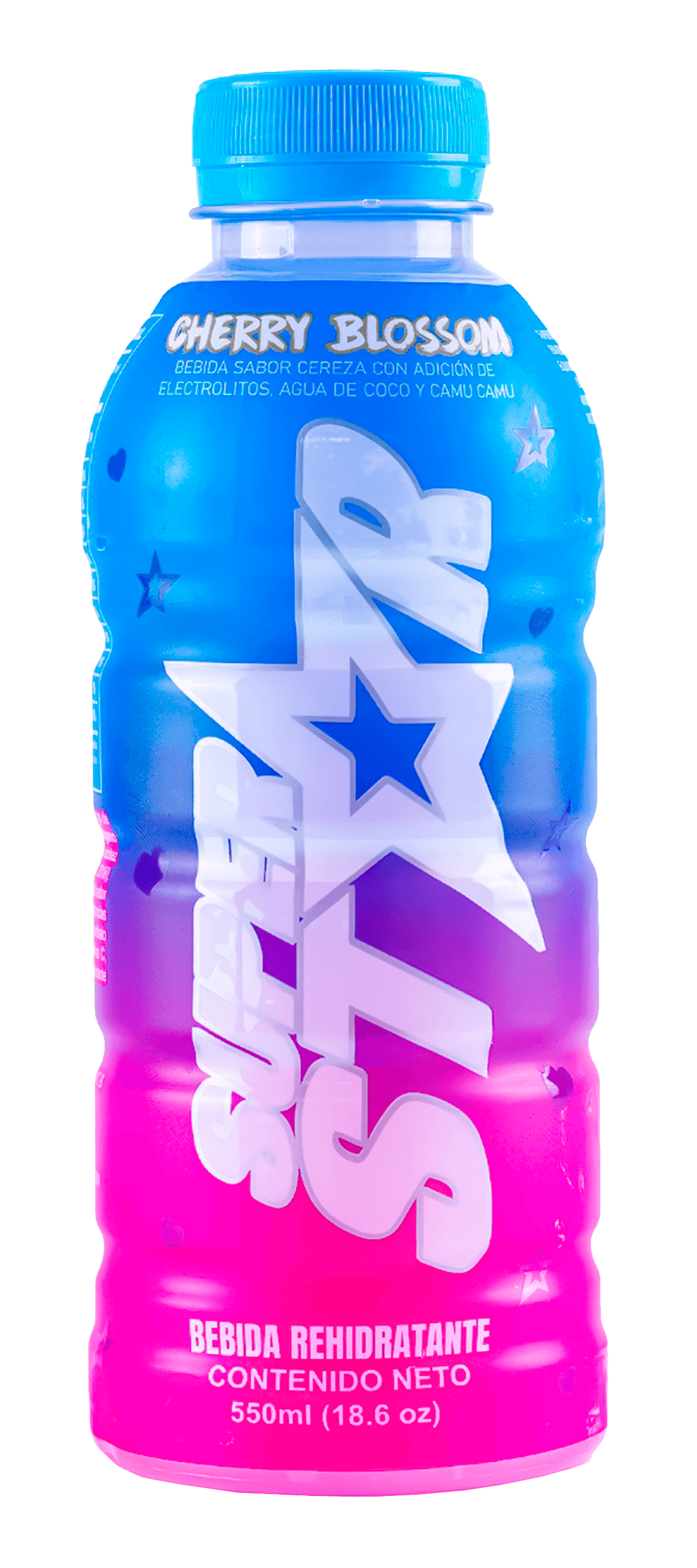 Botella de bebida energética natural Superstar con agua de coco y camu camu sabor CHERRY BLOSSOM