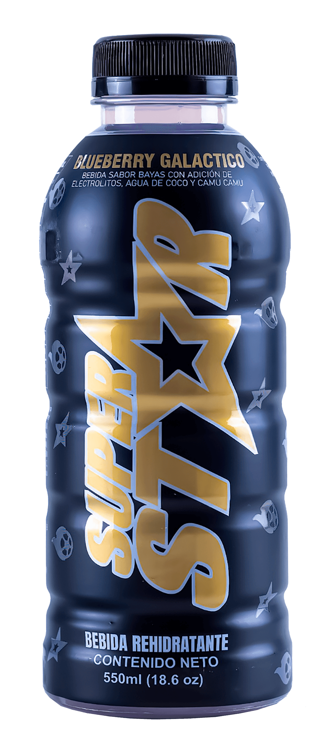 Botella de bebida energética natural Superstar con agua de coco y camu camu sabor BLUEBERRY GALACTICO