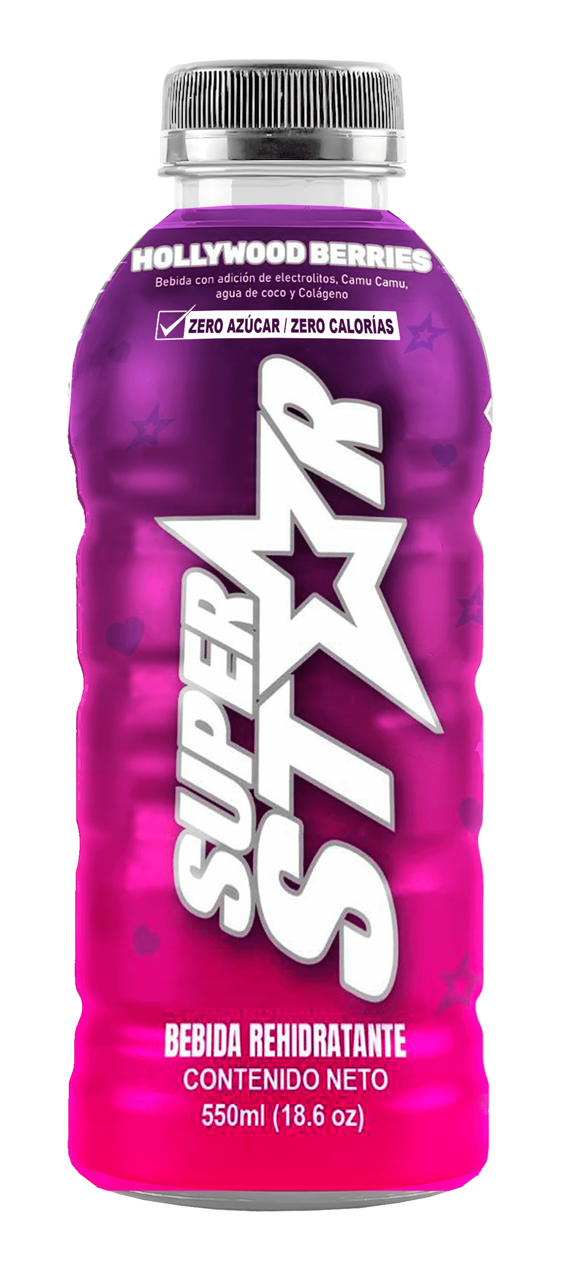 Botella de bebida energética natural Superstar con agua de coco y camu camu sabor HOLLYWOOD BERRIES