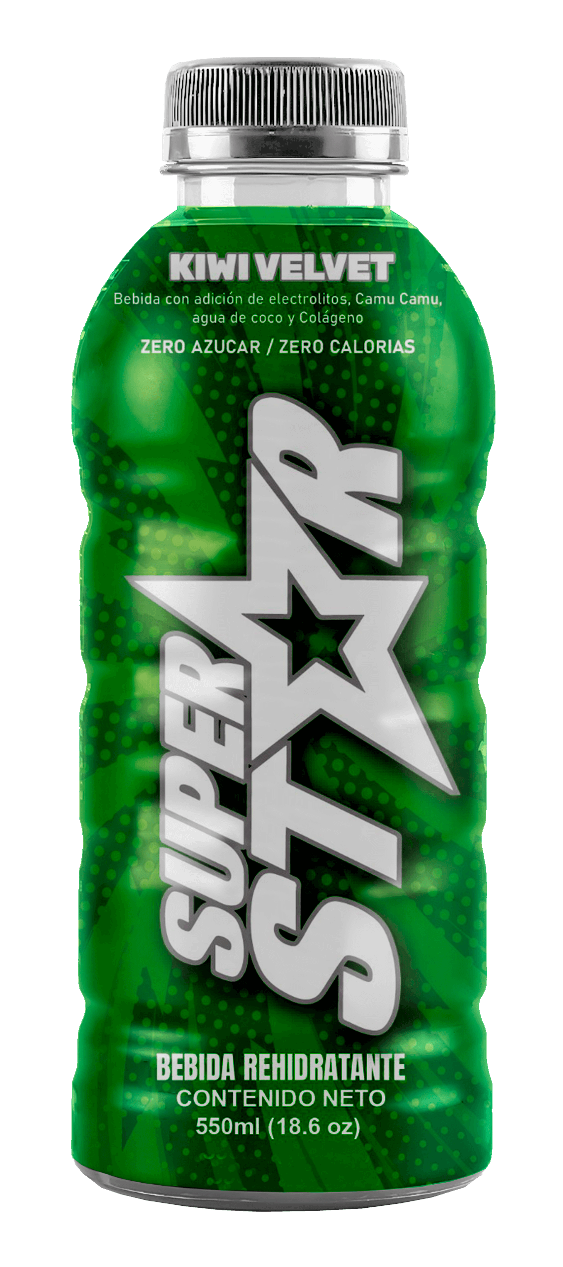 Botella de bebida energética natural Superstar con agua de coco y camu camu sabor KIWI VELVET